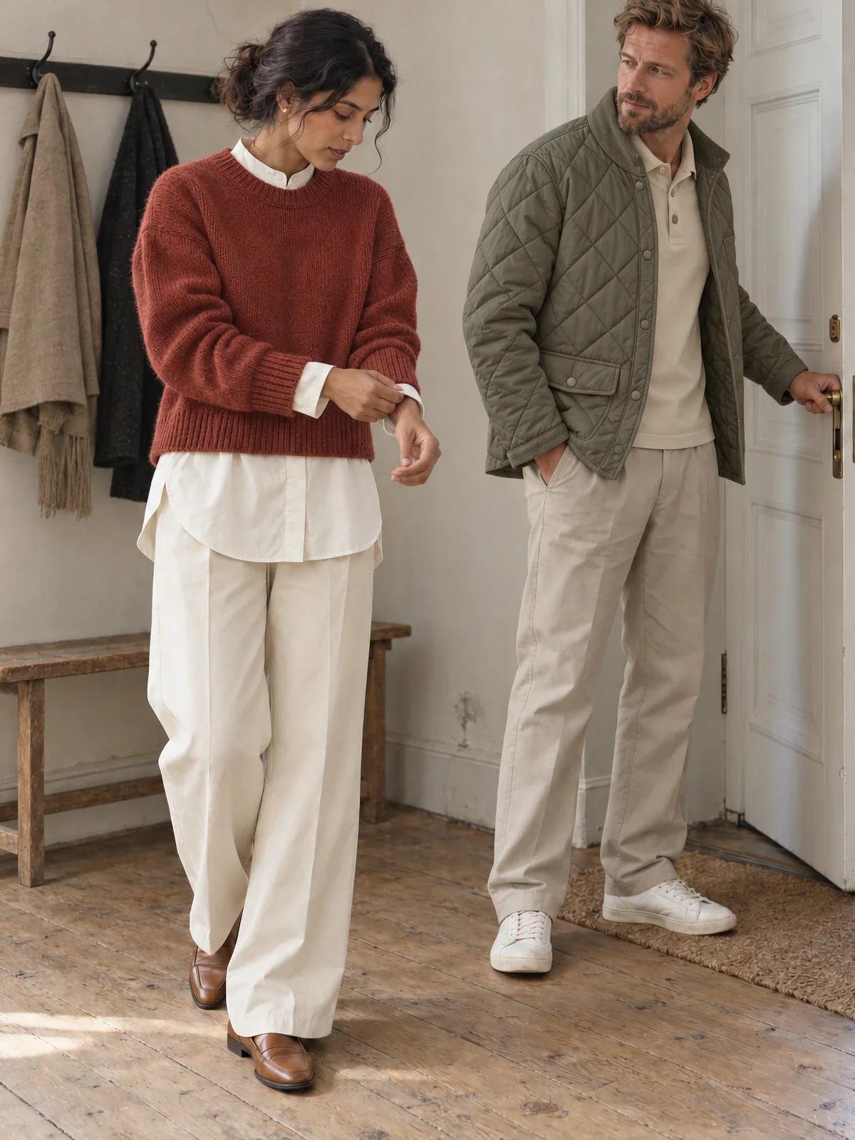 A woman in a rust lambswool sweater over an ecru poplin shirt and ecru chinos fixes her cuff, while a man in an olive quilted jacket over a sand polo holds the front door open.