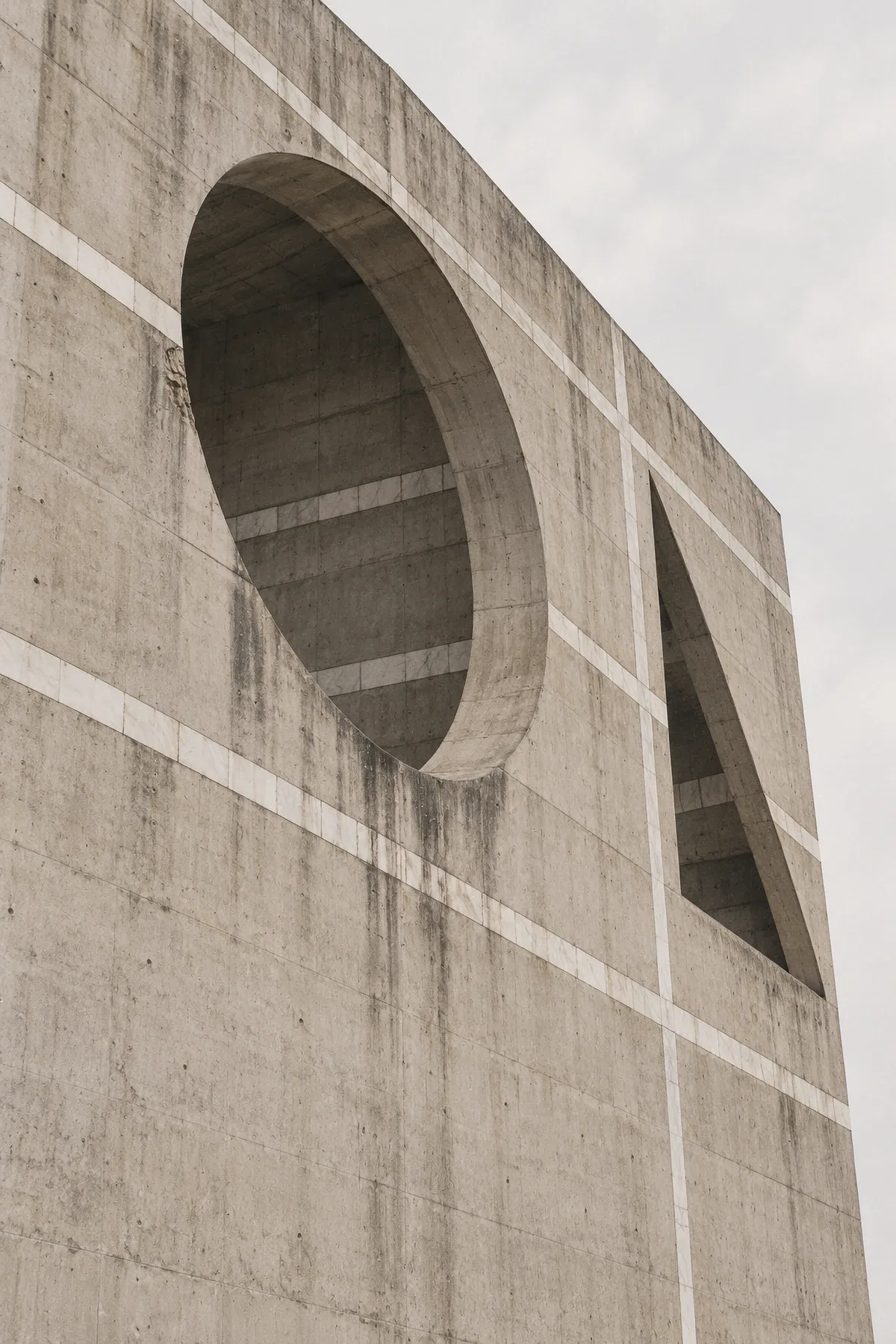 Looking up at the raw concrete walls of the National Parliament in Dhaka, cut through by a great circular opening.