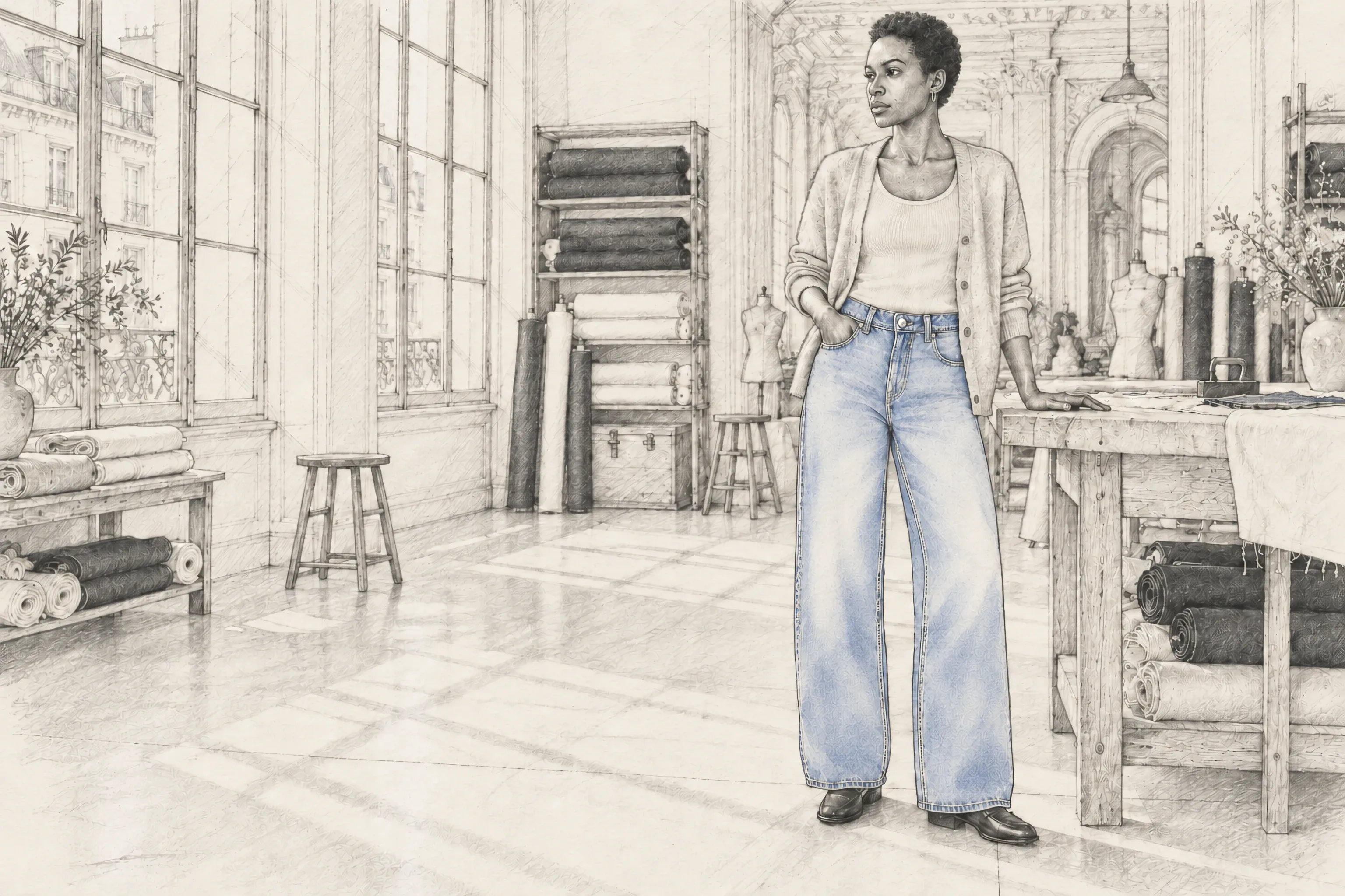 A pencil sketch of a woman in wide-leg jeans and a cardigan in a bright atelier, the jeans washed in light indigo.