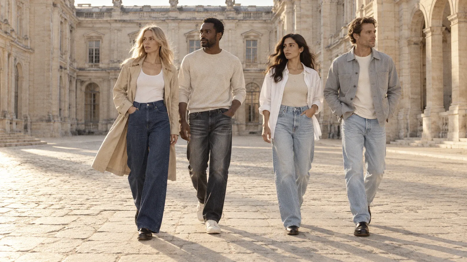Four friends walking across a sunlit stone courtyard, each in a different fit and wash of denim.