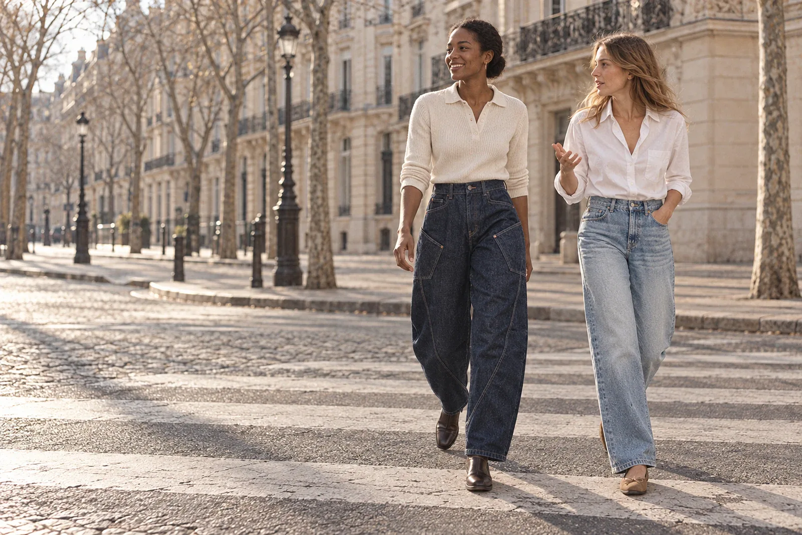 Two women crossing a Paris avenue together, one in dark rinse horseshoe-leg jeans, the other in light-blue straight jeans.