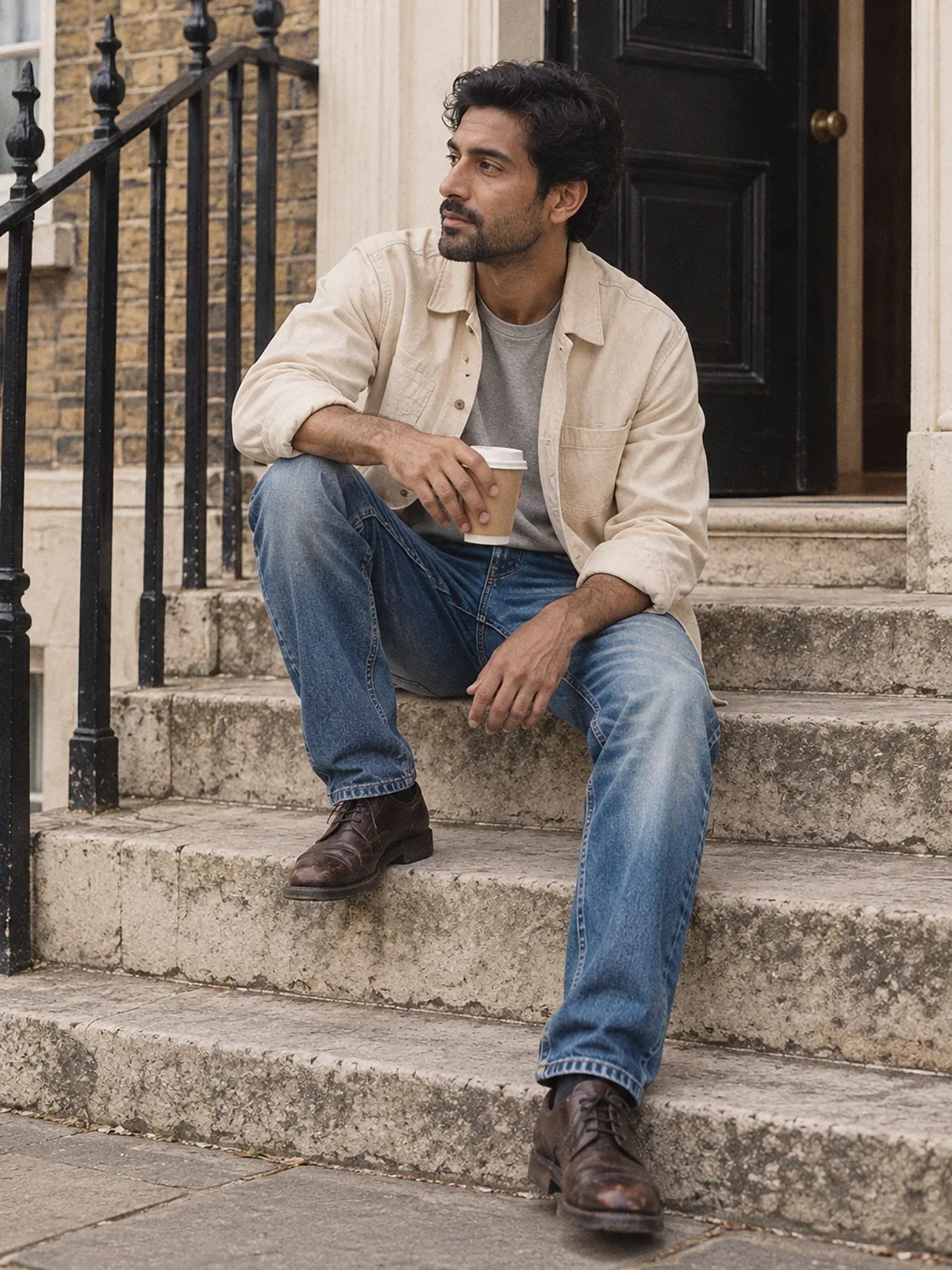 A man sitting on the front steps of a brick terrace house with a coffee, in mid-blue relaxed tapered jeans.
