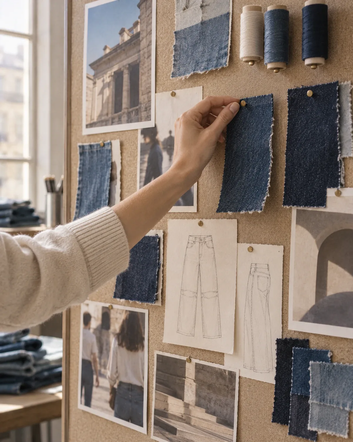 A hand pinning a denim swatch to a mood board of street photos, jeans sketches and fabric cuttings.