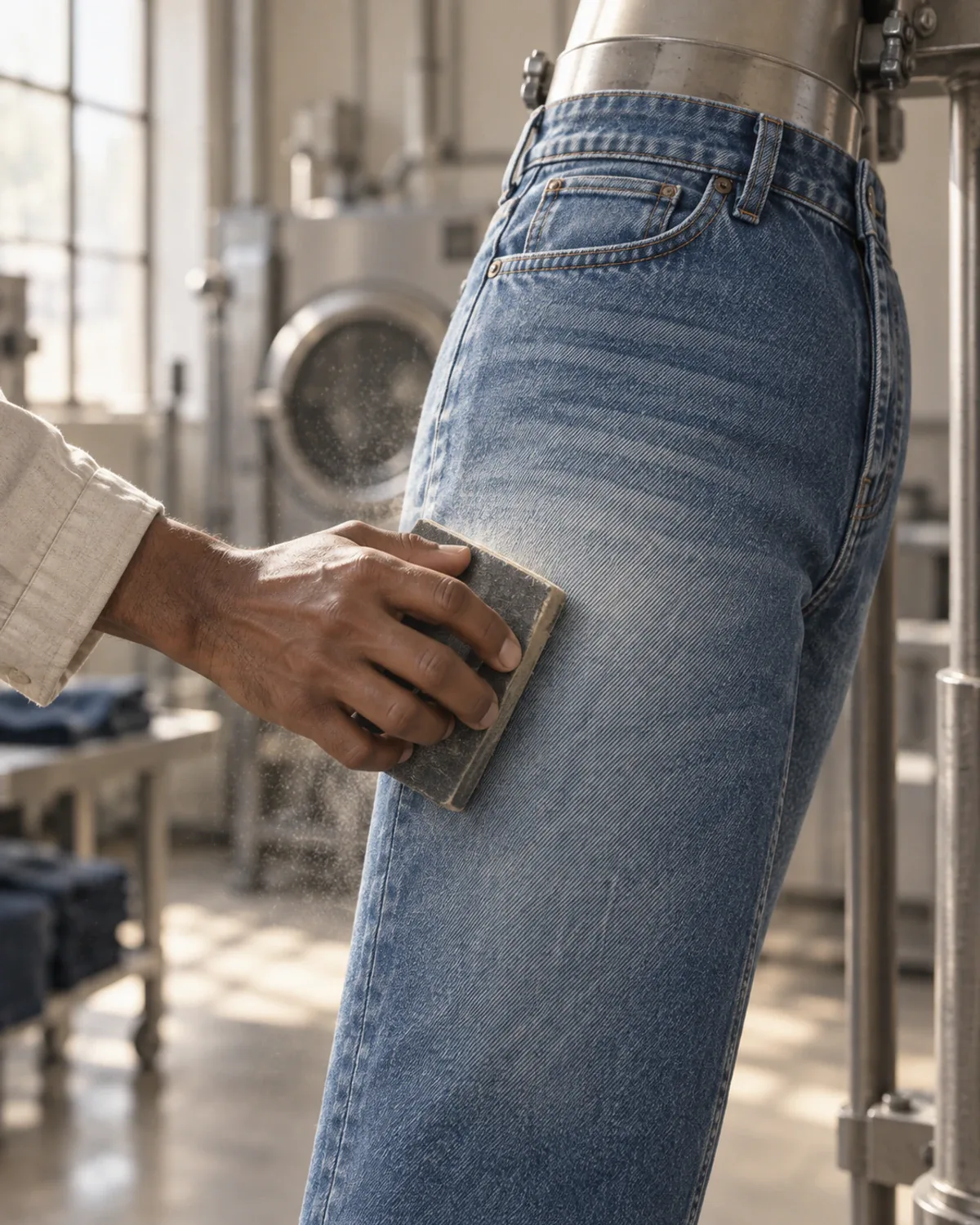 A hand sanding the thigh of light-blue jeans on a form in a wash room, dust lit by the window.
