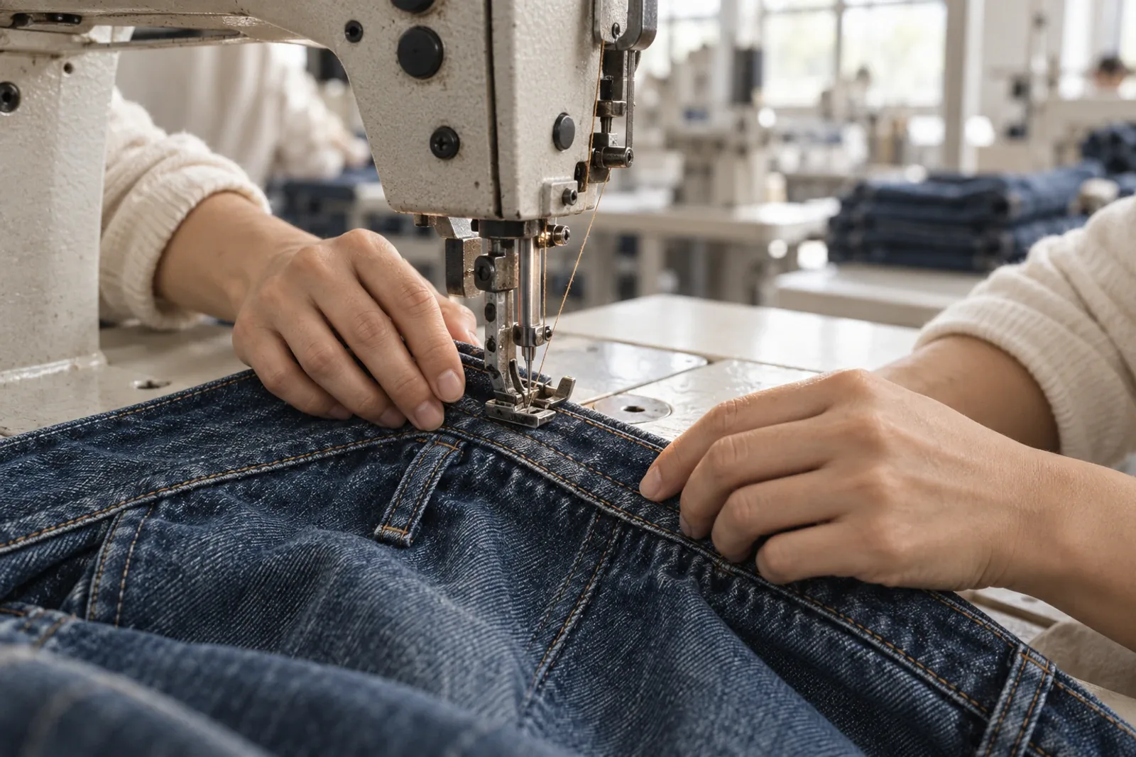 Hands guiding a jeans waistband under a sewing machine needle on a factory line.