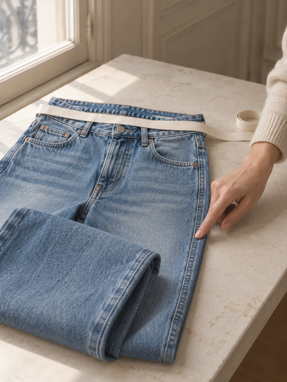 A hand smoothing a pair of folded mid-blue jeans, a tape measure laid across the waist.