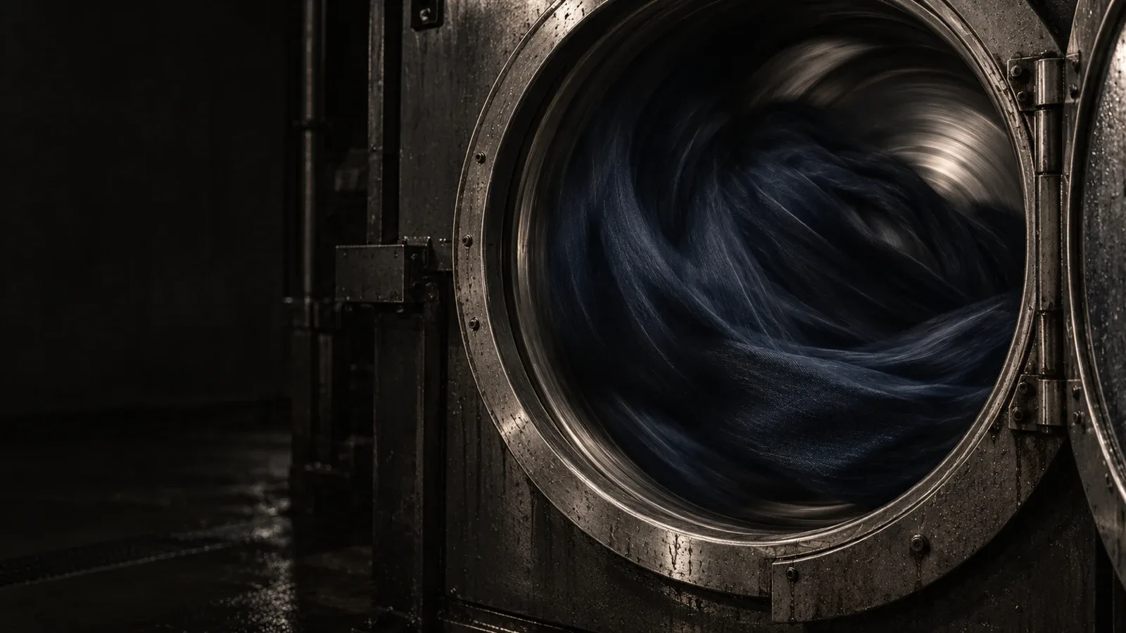 Indigo denim tumbling inside a steel wash drum, seen through its porthole in a dark wash room.