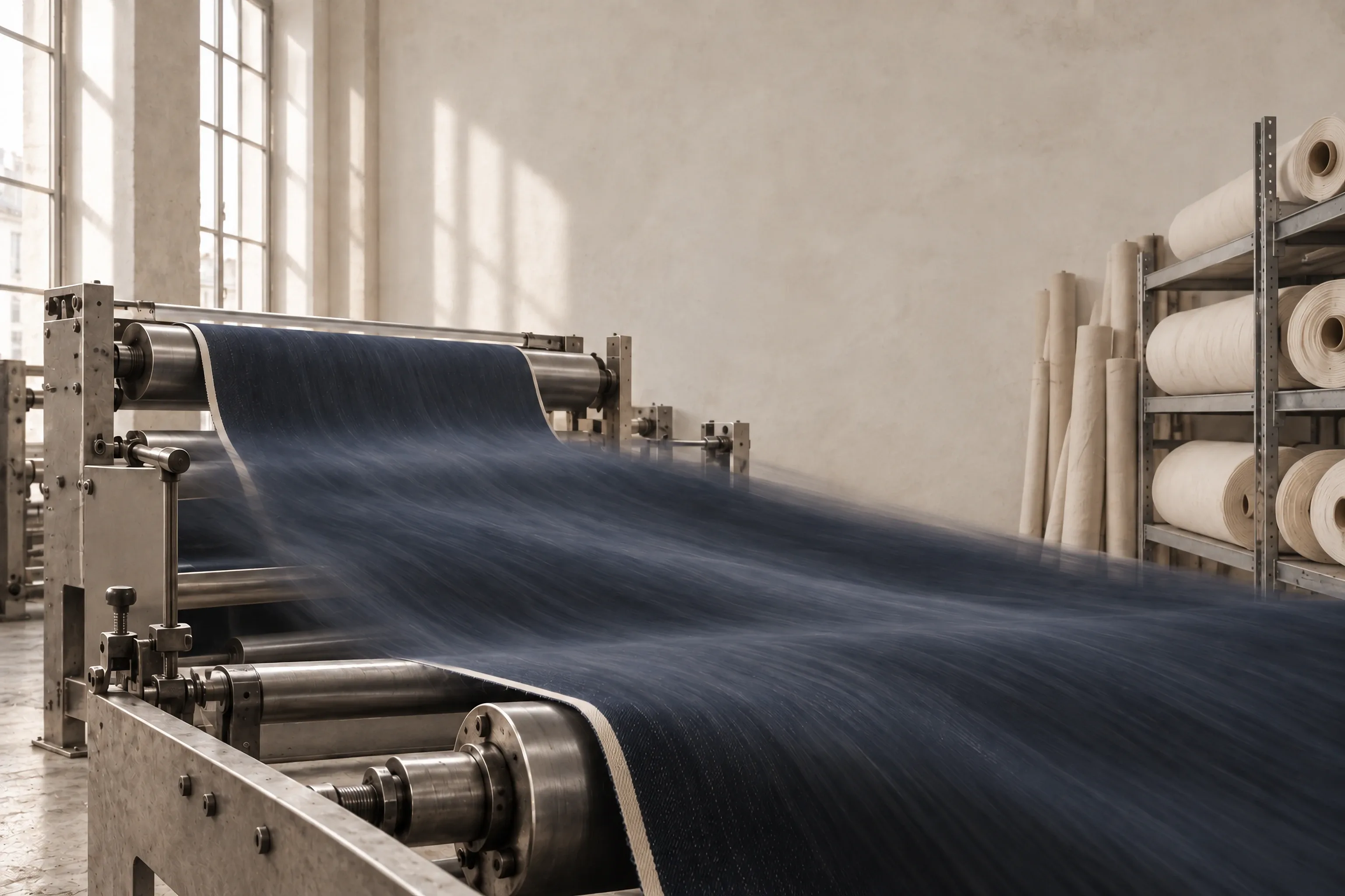 Indigo denim streaming off the rollers of a fabric inspection frame in a pale, sunlit mill, with rolls of cloth on a shelf.